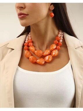 Orange Statement Beaded Necklace and Earring Set